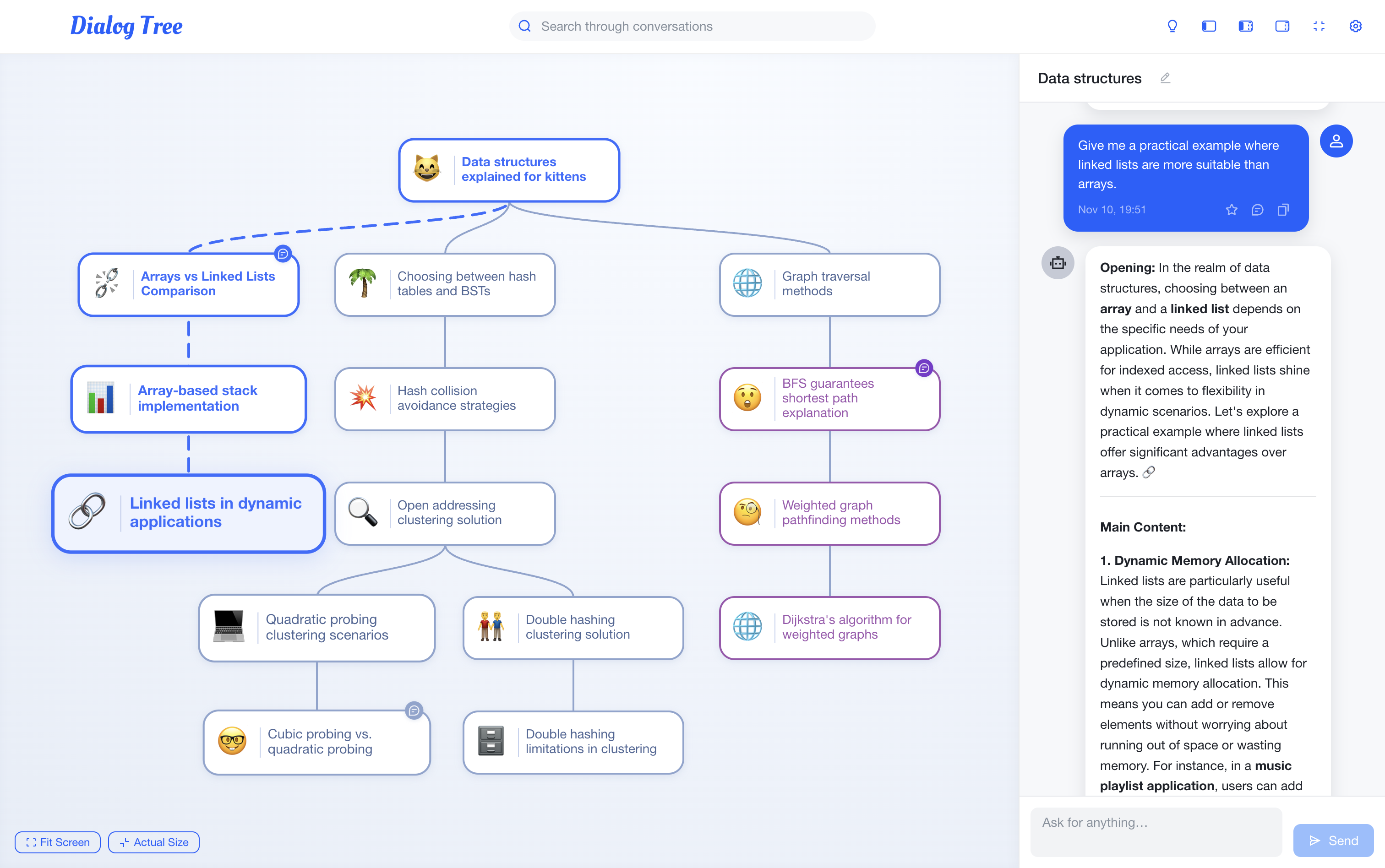 A DialogTree workspace with several conversation branches visible at once.
