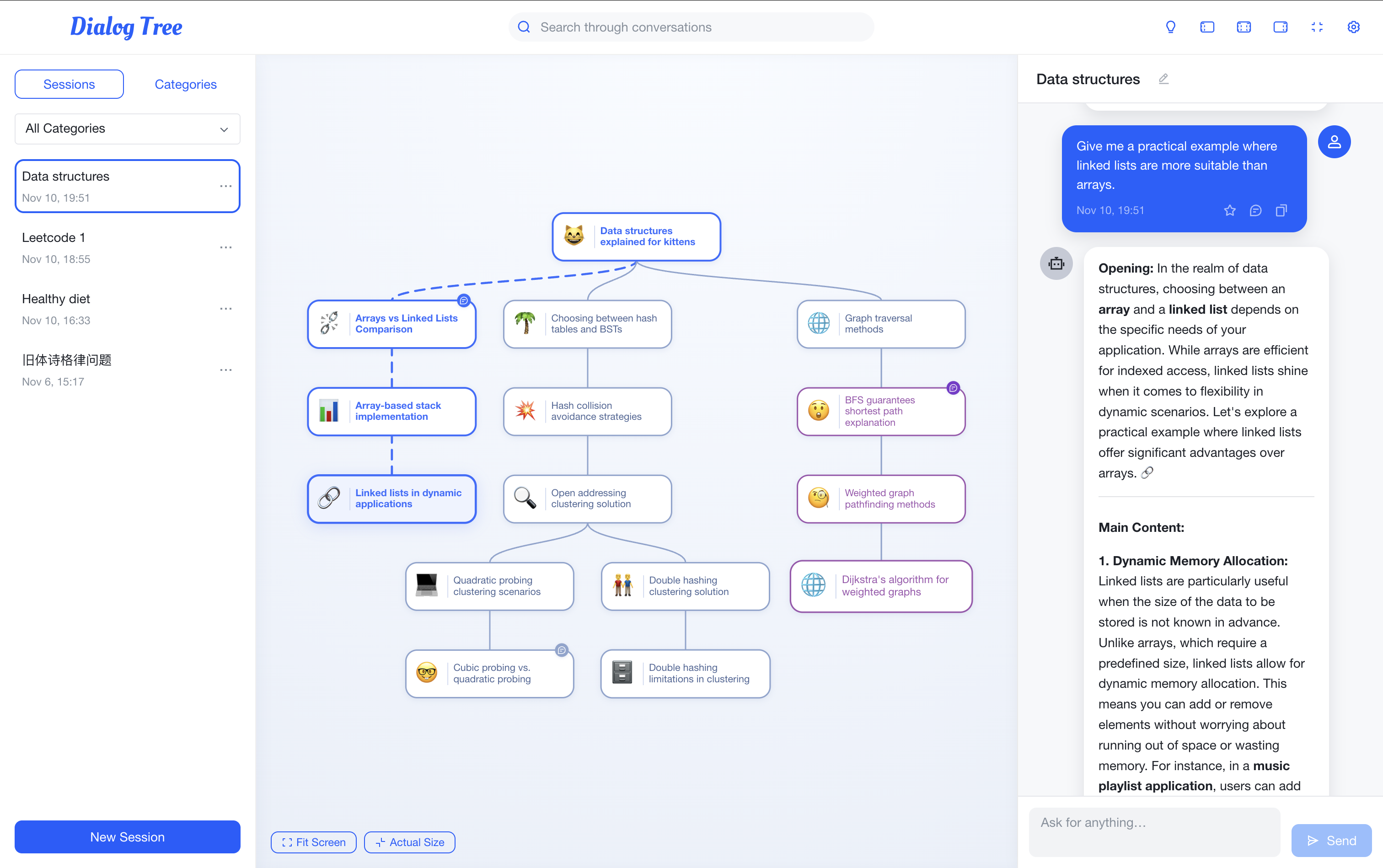DialogTree's tree-based conversation workspace
